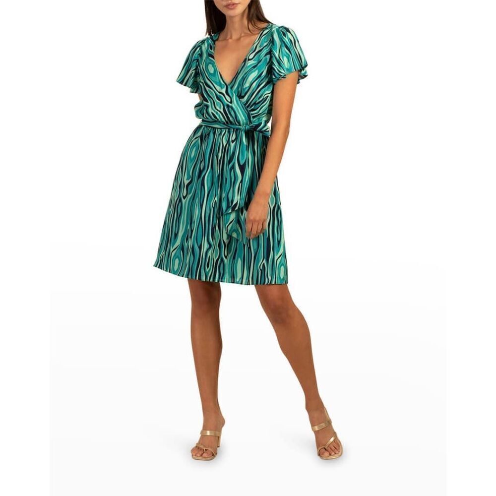 Trina Turk Planetary Abstract-Print Faux-Wrap Dress XS midi lightweight